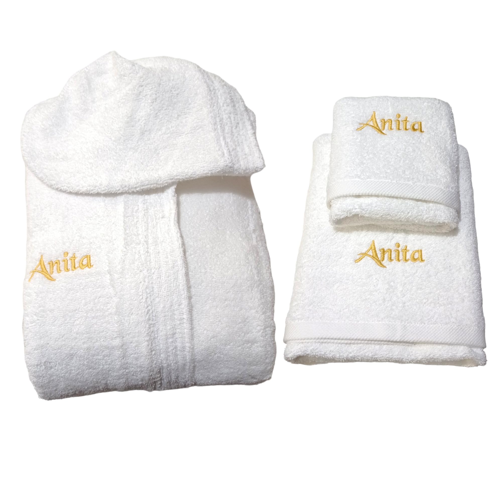 Accappatoio adulto e 2 asciugamani personalizzati con nome. Set accappatoio e asciugamani in spugna di cotone. Unisex Idea regalo