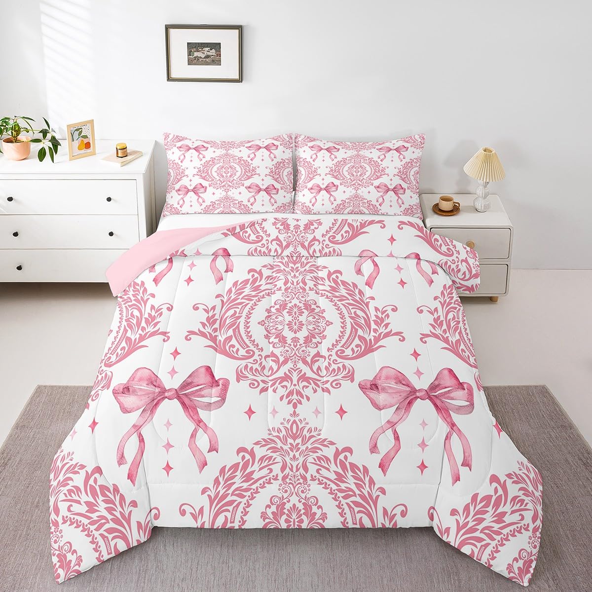 Feelyou Girls Pink Bowknot Comforter Set Twin Size Gothic Damask Comforter Victorian-Themed Bedding Set Baroque Duvet Set Vintage Floral Quilt Set 2Pcs