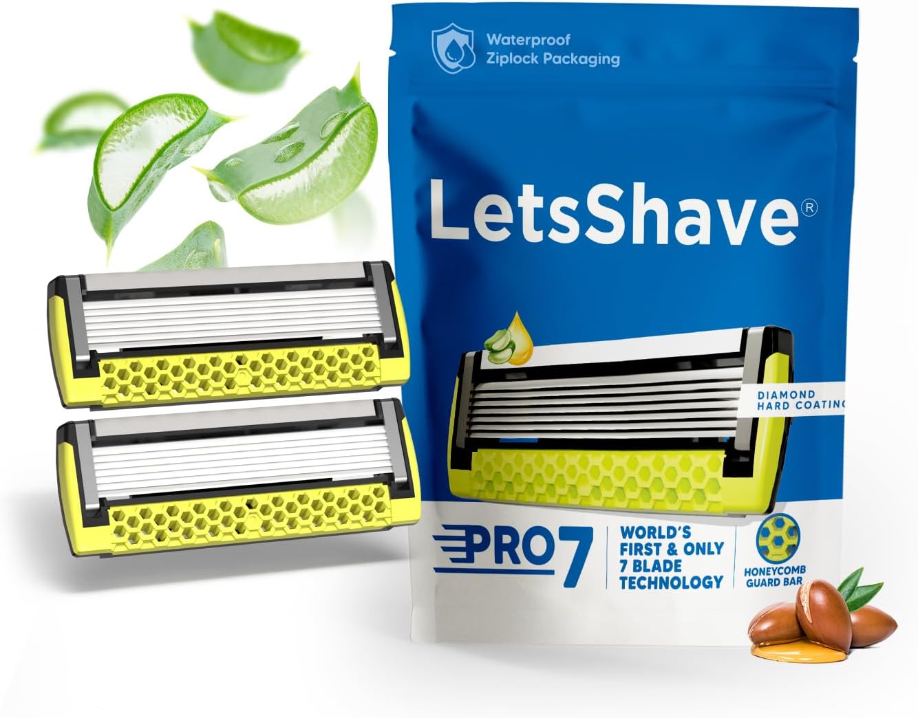 LetsShave Pro 7 Max Razor Cartridges For Men | World's First & Only 7-Blade Shaving Razor With Precision Blades & Honey Comb Guard Bar | Argan Oil, Aloe & Vitamin E - 2 Count