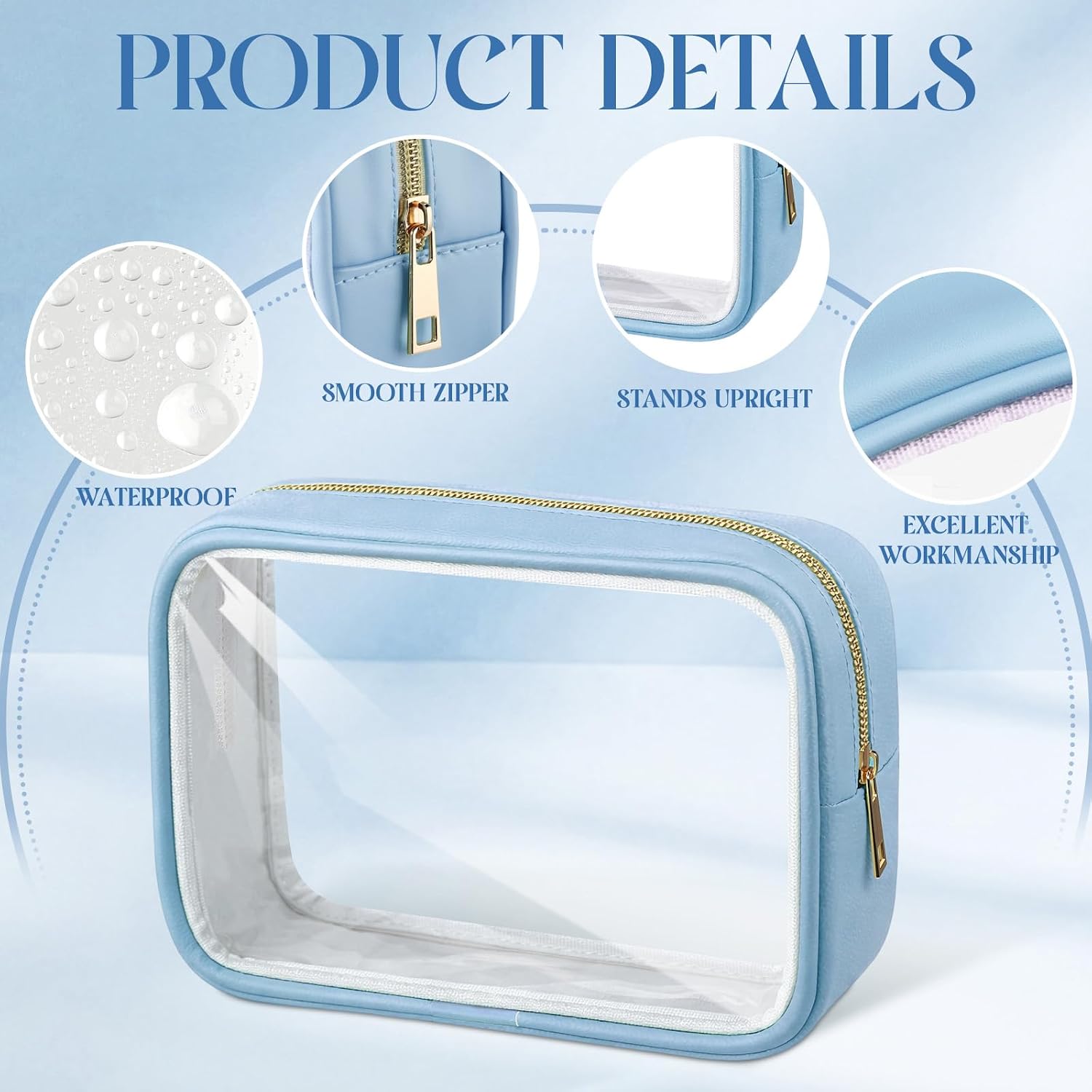 Abbylike 6 Pcs Clear Makeup Bags Bulk PU Leather Cosmetic Pouches Transparent Toiletry Bags with Zipper Waterproof Purse Skincare Car Organizer for Girl Women Travel Gifts(Lake Blue)