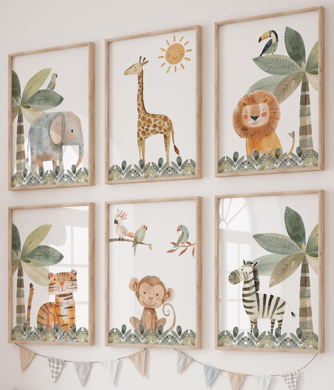 Eviepops Prints Set aus 6 Safaritieren für Kinderzimmer von Jungen und Mädchen, Ungerahmter Druck, Schlafzimmerdekor, Dschungeldekoration, elefant giraffe löwe, Dekor im Babyzimmer (A4)