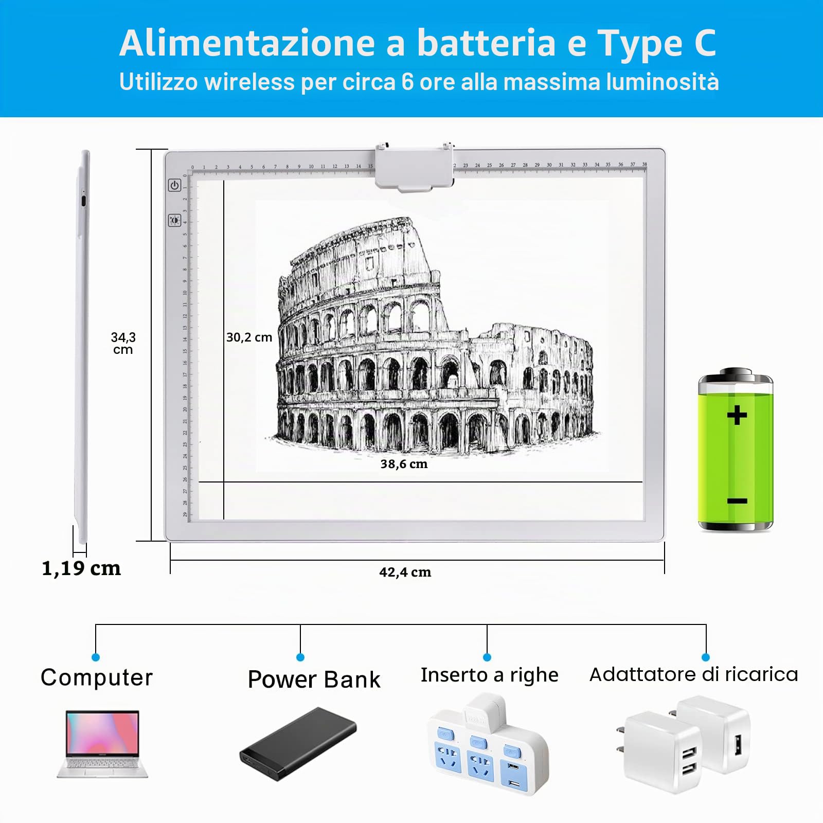 TOHETO A3 Ricaricabile Tavoletta Luminosa per Disegnare con Supporto Pieghevole, Tracing Light Box LED Light Pad di Disegno, con Luminosità Regolabile, per Disegno, Pittura a Diamante 5D (Bianco)