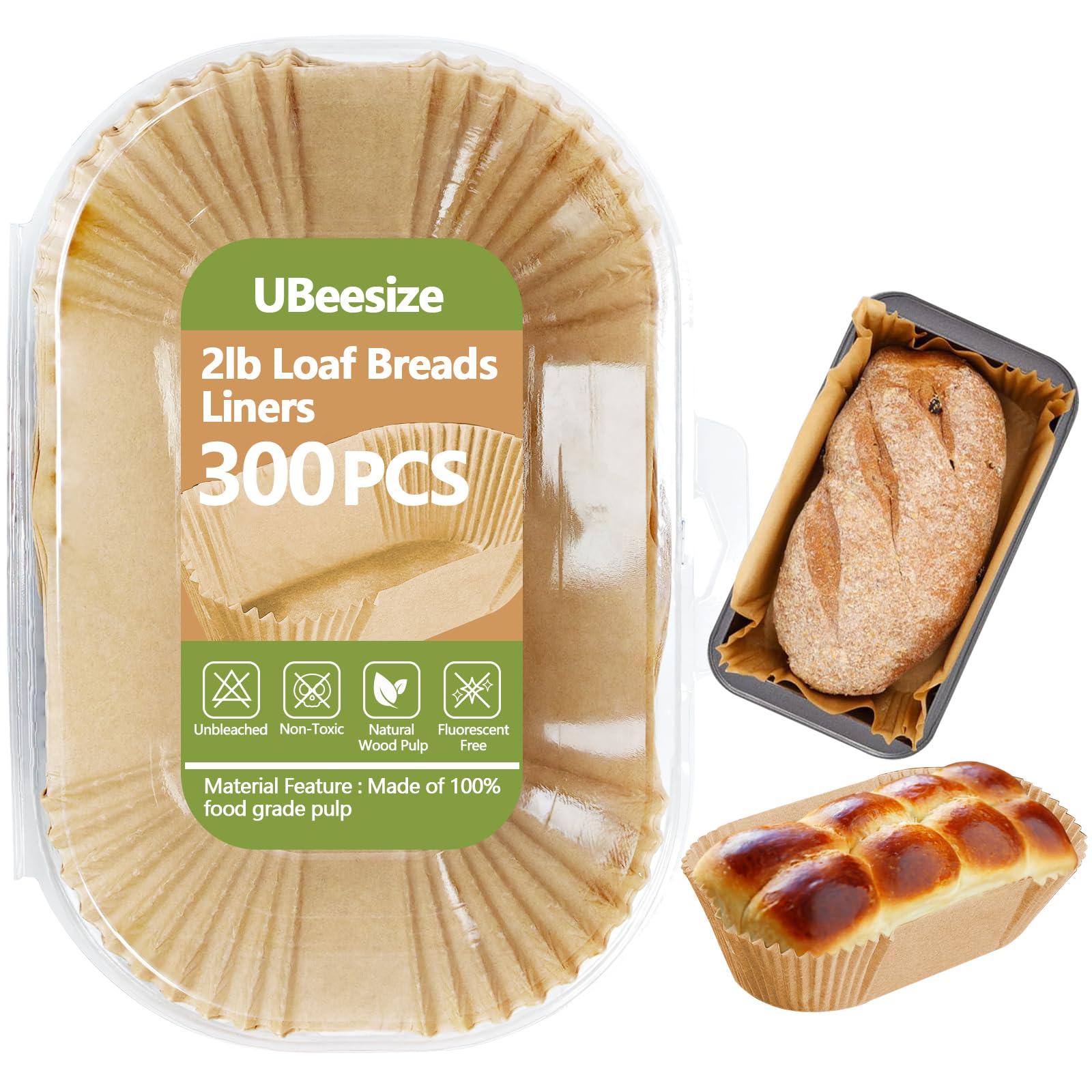 UBeesize 2lb Loaf Pan Liners, 300 PCS Loaf Pan Liners for Baking Bread 9x5, Non-Stick Bread Pan Liners, Pre-formed Rectangle Paper for Bread and Cakes