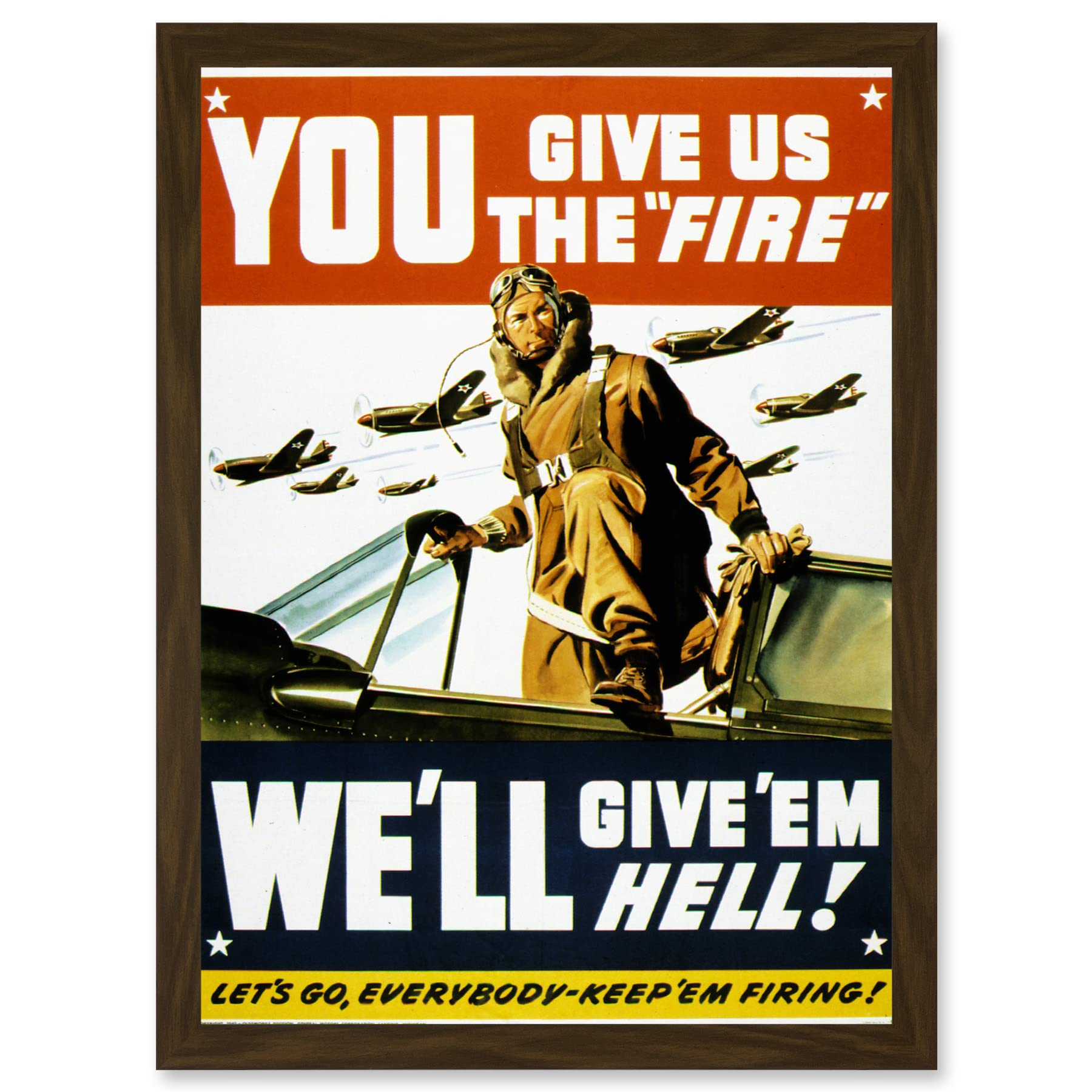 Artery8 War World WW2 USA Pilot Fighter Advert Jet Plane Give Em Hell A4 Artwork Framed Wall Art Print