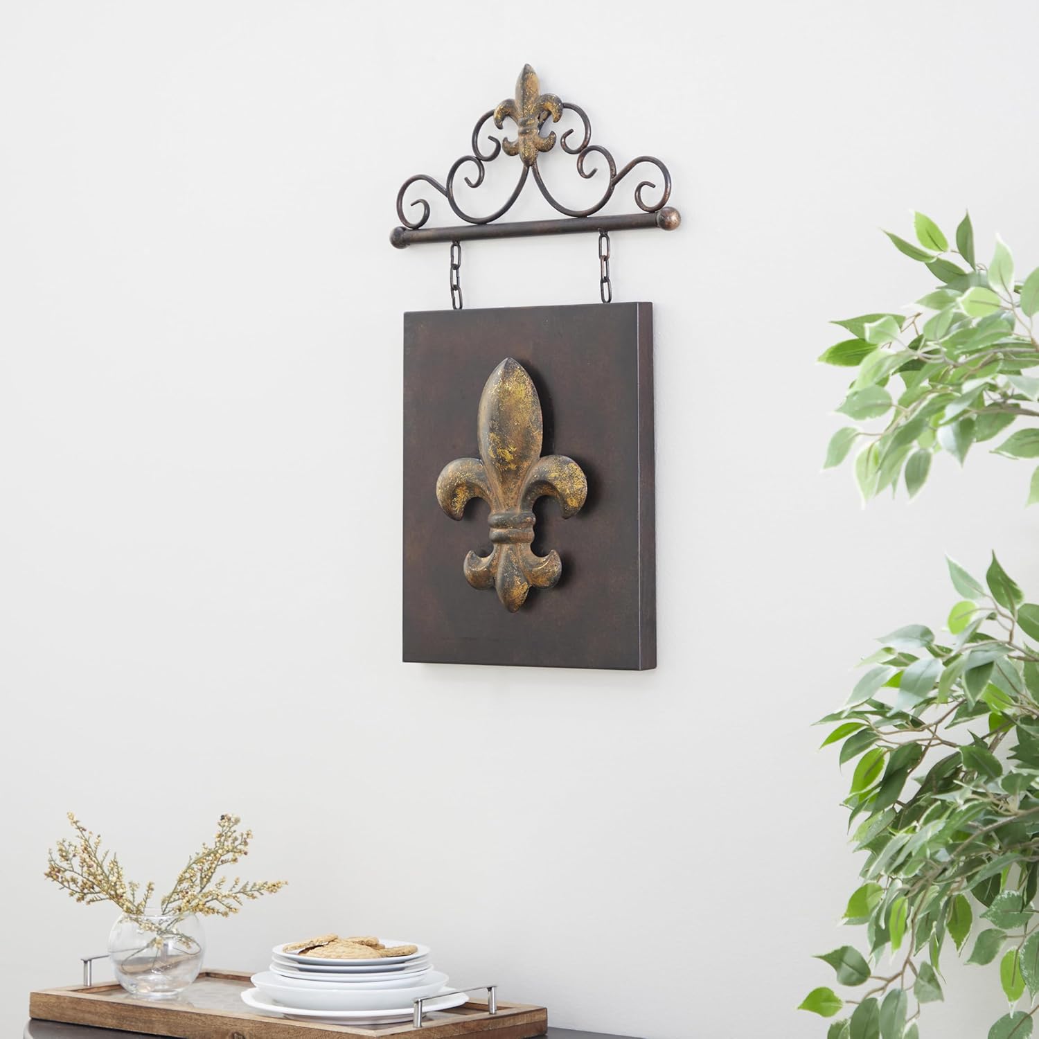 Deco 79 Metal Fleur De Lis Home Wall Decor Suspended Wall Sculpture with Scrollwork Hanger, Wall Art 15" x 2" x 23", Bronze