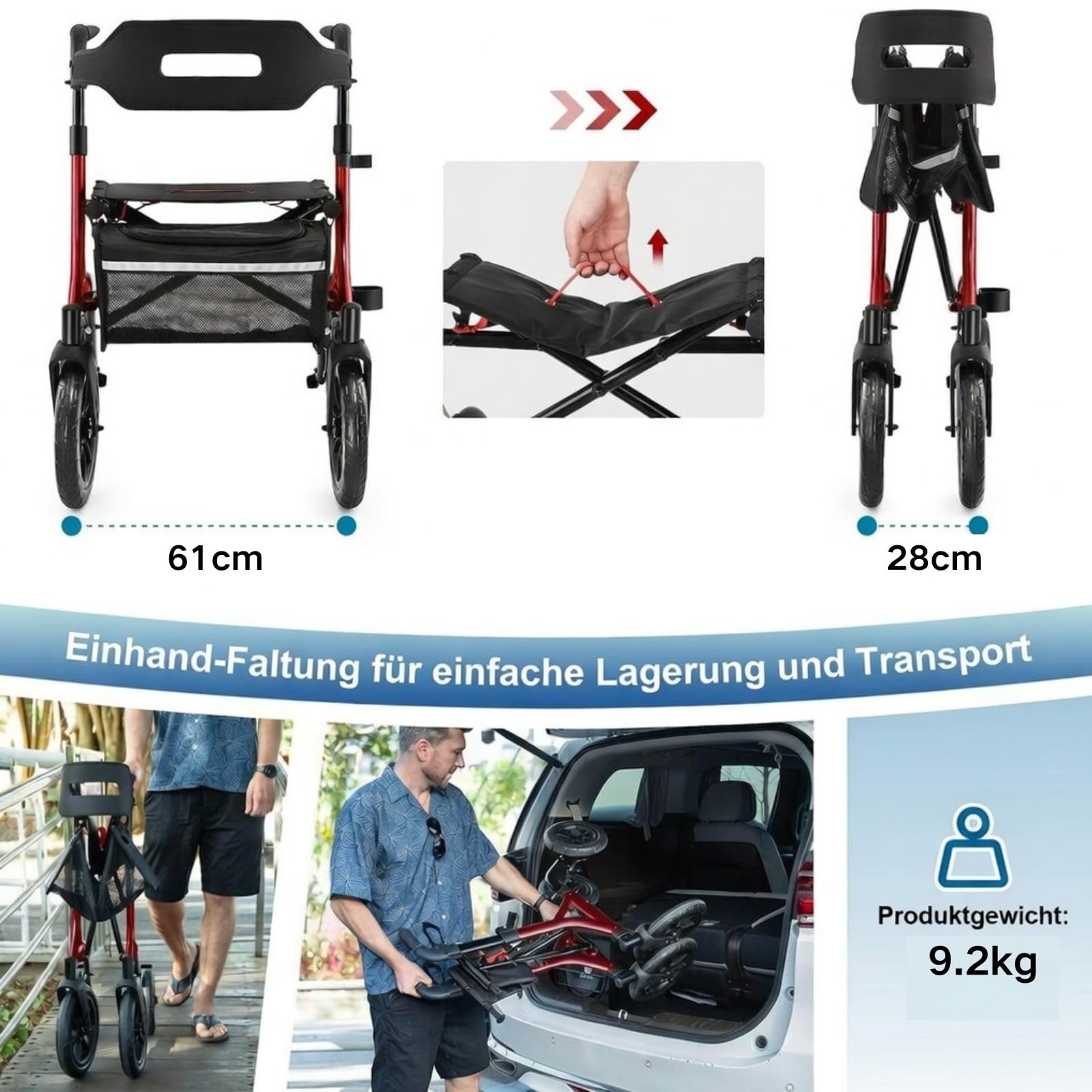 MAXWALK Rollator Faltbar und Leicht mit Sitz,30cm Reifen für Allen Gelände | Outdoor Leichter Rollator mit Gummirädern,Integrierte Seilzugbremsung,Aluminium Höhenverstellbarer Rollatoren für Senioren
