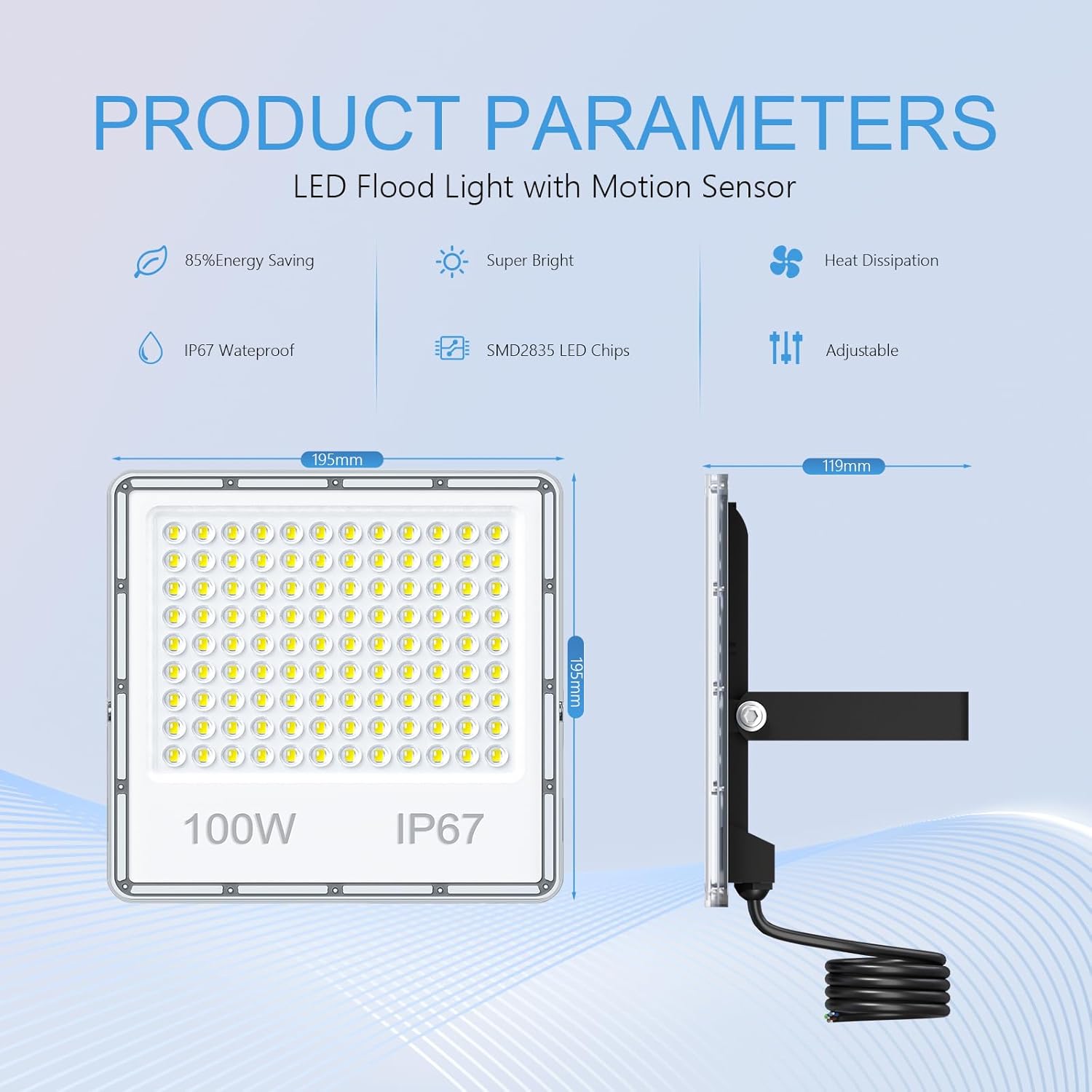 100W Flood Lights Outdoor 2 Pack, 10000LM Plug in Flood Lighting Outdoor with 6.56FT Cable US Plug, Driver, 7000K IP67 Exterior Security LED Stadium Lights for Stadium Yard Backyard Garden