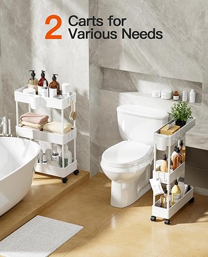 Miniatura 2 de Pipishell PIUC07WK2 - Carrito de baño, paquete de 2 organizadores de almacenamiento delgado con tazas y ganchos colgantes, con ruedas para baño,