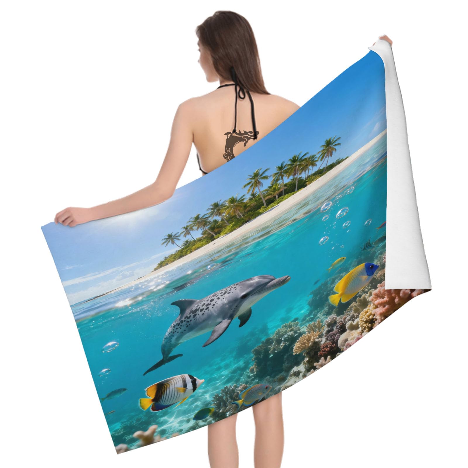 Leichong 3D Dolphin Beach Towel Large Microfiber Soft Quick Dry for Adults, Coral Reef Bath Towel Lightweight Soft Absorbent for Travel Swimming Pool Sports, 80 x 160 cm