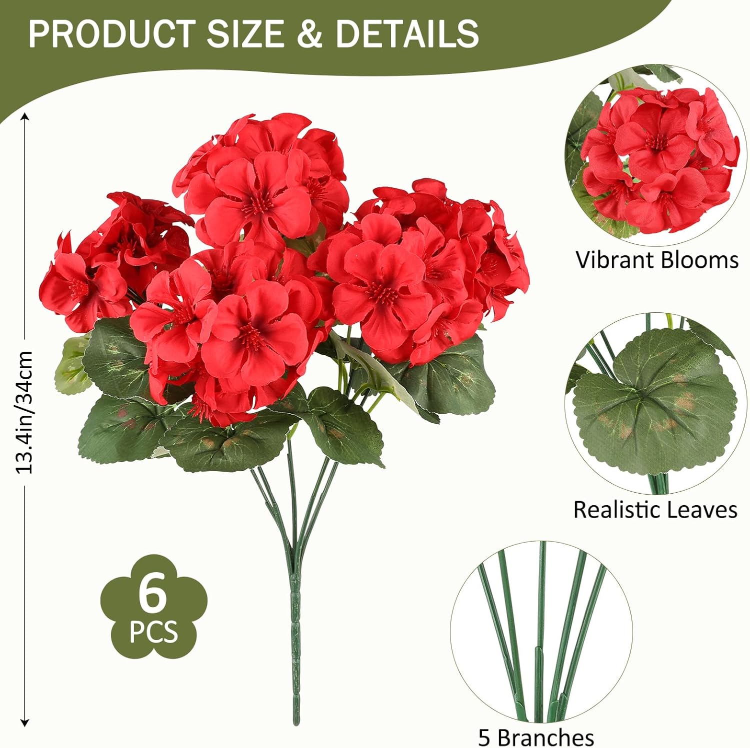 6 Bundles Red Artificial Geranium Flowers for Outdoors Spring Decor Geraniums Silk Flowers UV Resistant Lifelike Faux Flowers for Spring Indoor Outdoor Garden Patio Porch Balcony Home Decoration - Image 2
