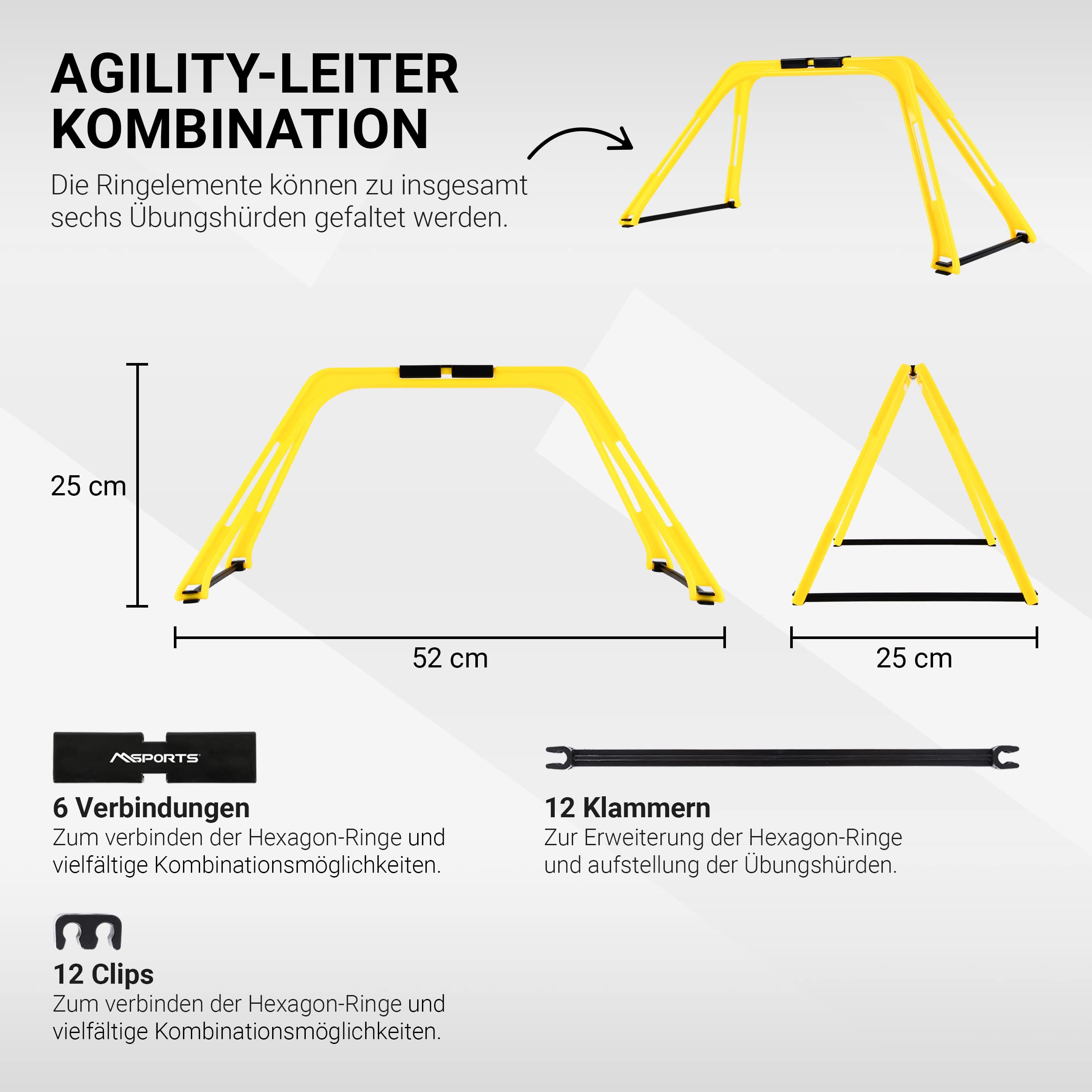 MSPORTS Koordinationsleiter Premium Multifunktional, 6X Hexagon-Elemente als Agility-Leiter u. Hürden kombinierbar Trainingsleiter Fußball Koordinationstraining Leiter