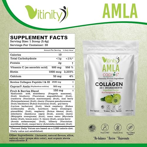 Miniatura 8 de VITINITY AMLA SUPERFOOD - Polvo de colágeno con 20 ingredientes clave (tipo 1 y tipo 3) con ingrediente clínicamente probado (AMLA) para adultos,