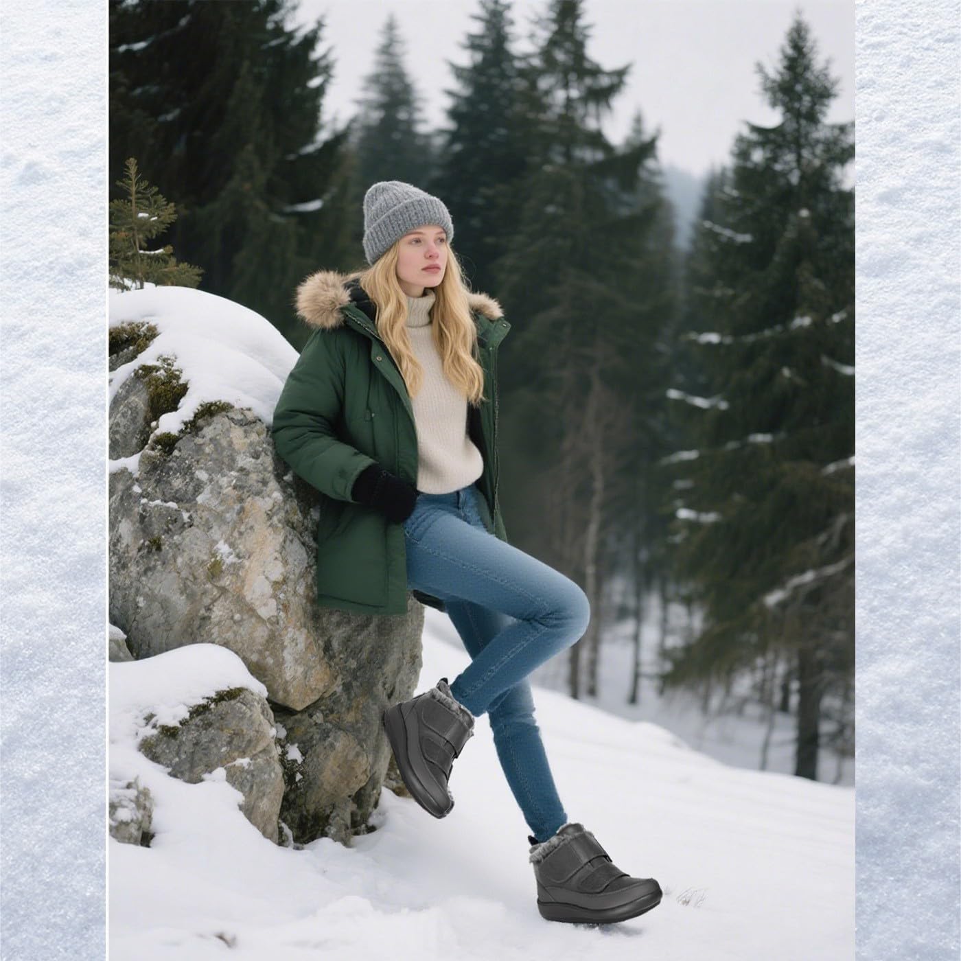 Hsyooes Diabetic Boots for Women Wide Width Winter Snow Boots Warm Fur Lining Water Resistant Anti-slip Snow Shoes Comfortable Adjustable Straps Winter Shoes for Swollen Feet