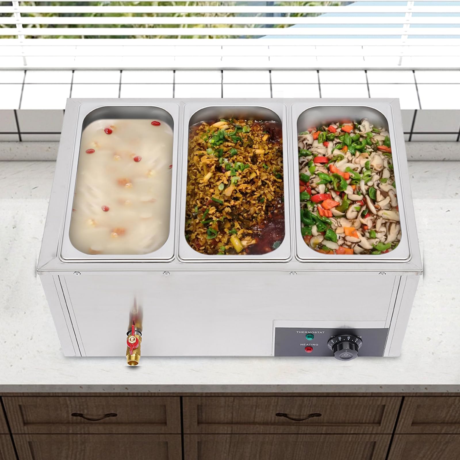 Riscaldatore a buffet in acciaio inox, 850 W, 3 x 7 l, contenitore rimovibile, adatto per ristoranti, mense, spuntini, ristoranti fast food, ecc.