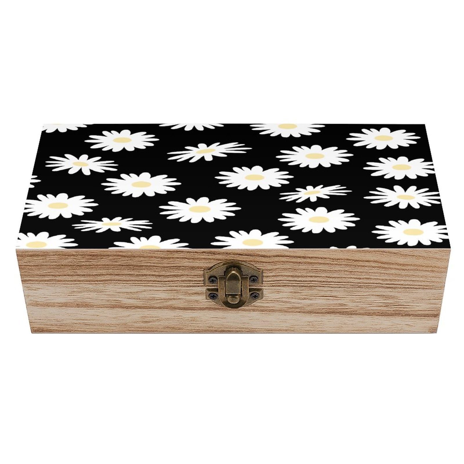 VstaDank Black Daisy Wooden Box Sturdy Vintage Storage Box with Hinged Lid Exquisite Wood Keepsake Boxes Large Jewelry Case Cute Trinket Holder Unique Gift for Men & Women