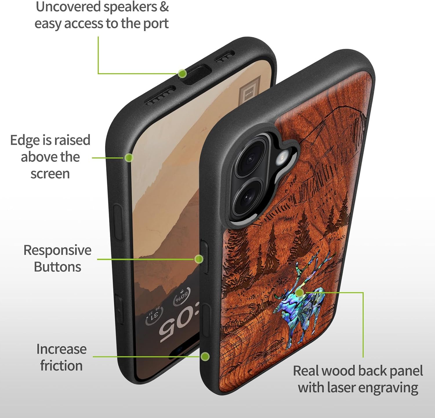 Carveit Magnetic Wooden Case for iPhone 16 Case, Wood Artisan Engraved & Handmade Shell Inlaid, TPU Shockproof Cover, Compatible with MagSafe Wireless Chargers (Forest Deer) Rosy