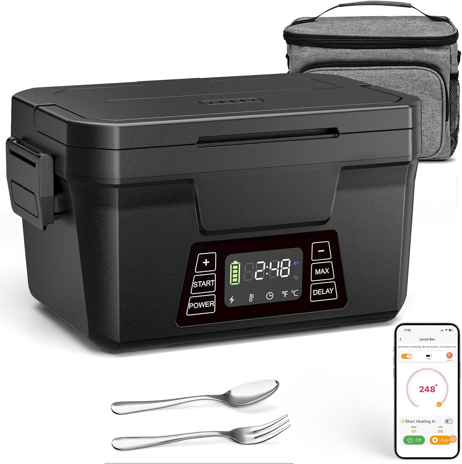 Cordless Electric Lunch Box for Adults, 1.2L Rechargeable Heated Lunch Box for Men with APP Control, Portable Self-Heating Food Warmer with Scheduled Automatic Heating, Max 248°F