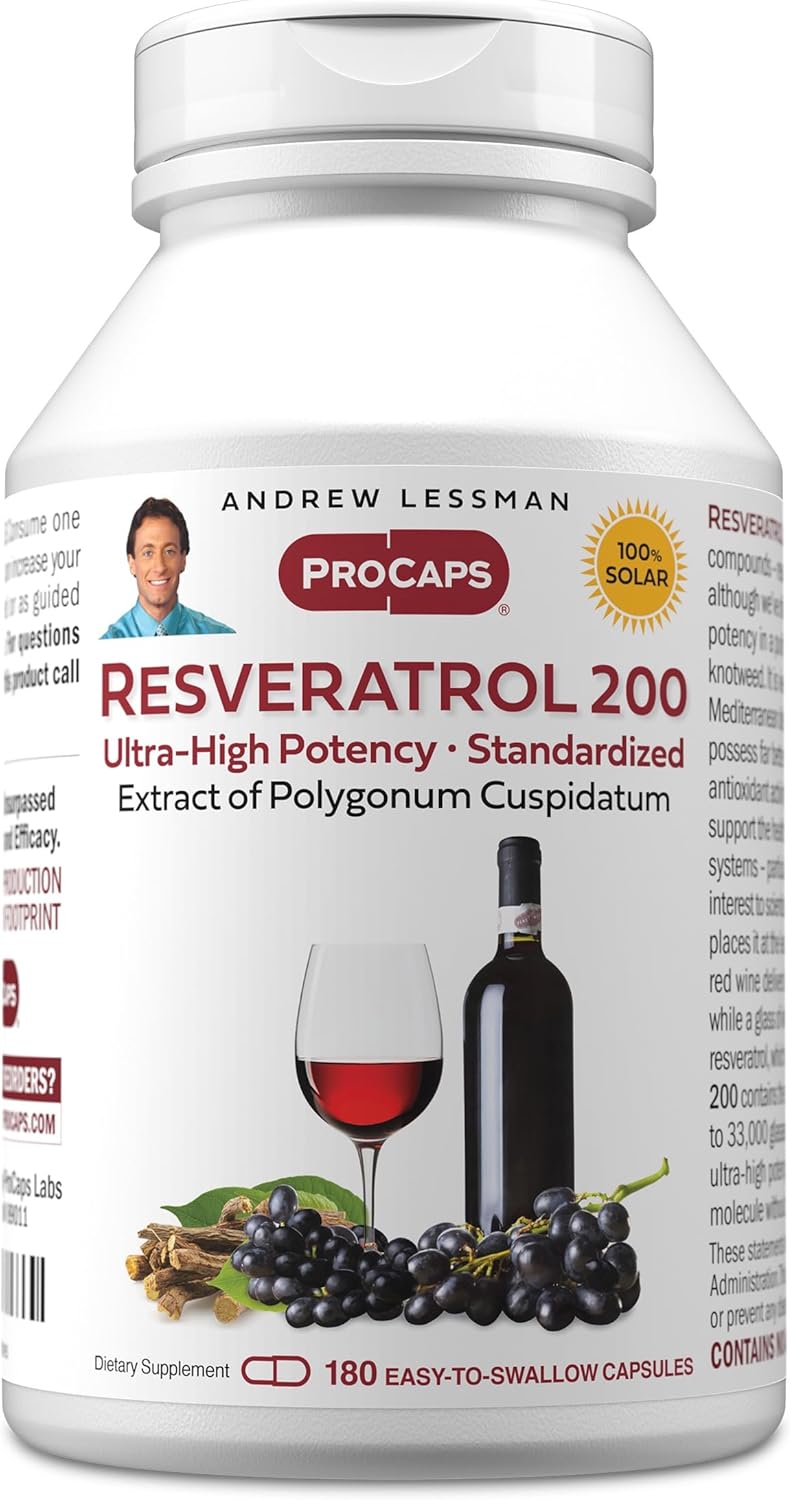 ANDREW LESSMAN Resveratrol-200mg - 180 Capsules - Red Wine's Beneficial, Naturally Occurring Anti-oxidant, Without Alcohol. Additives Free