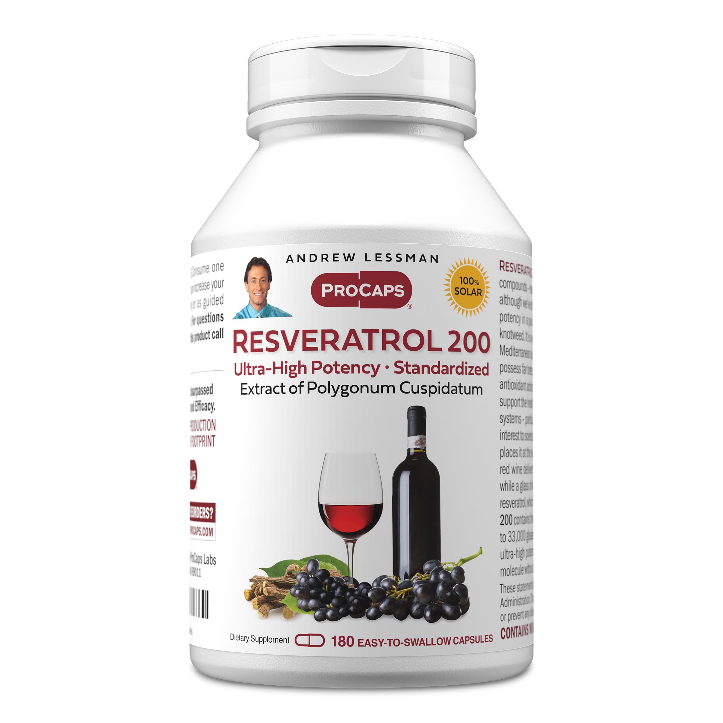 ANDREW LESSMAN Resveratrol-200mg - 180 Capsules - Red Wine's Beneficial, Naturally Occurring Anti-oxidant, Without Alcohol. Additives Free