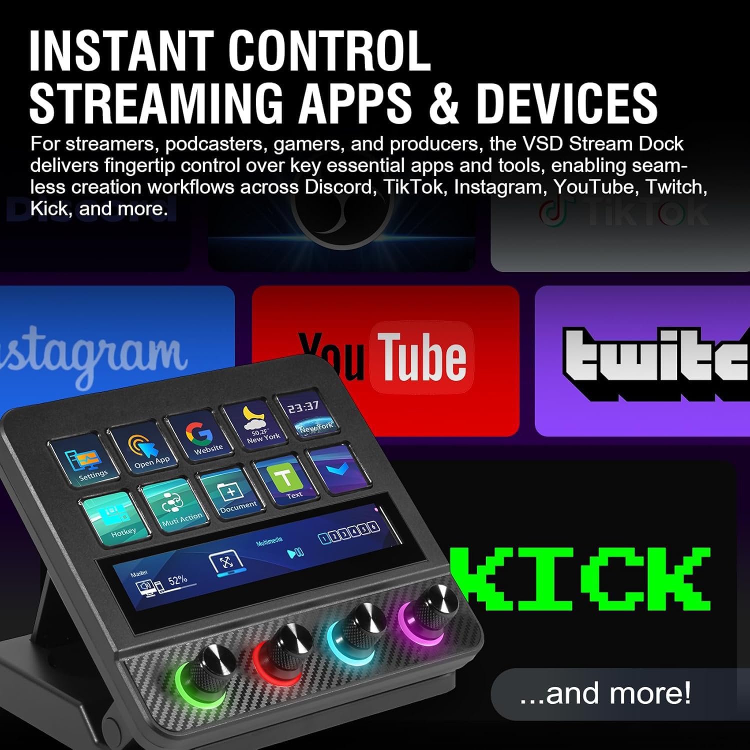 ActionRingxVSDinside N4 Pro Stream Dock:10 LCD-Tasten, 4 RGB-Dreh-Encoder&Touch-Leiste-Programmierbare Makro-Tastatur, Stream Controller Deck für Streaming, OBS, Twitch, Gaming, MIDI (PC/Mac)