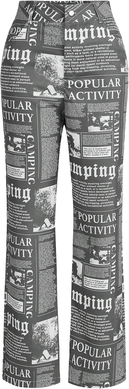 WDIRARA Women's High Waist Newspaper Print Wide Leg Zipper Casual Baggy Funky Pants Grey M