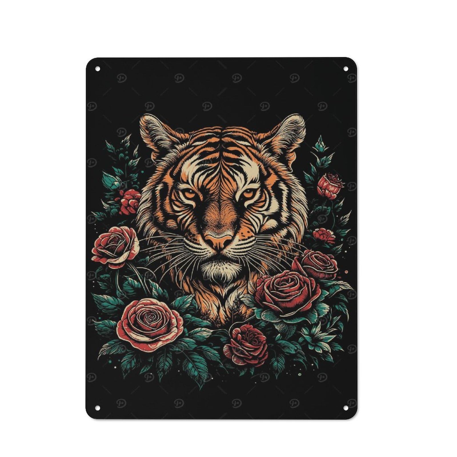 Junmoney Tiger And Flowers Rustic Metal Sign 40X30cm For Guest Room Or Hallway, Suited To Hallway Wall Decor Fans