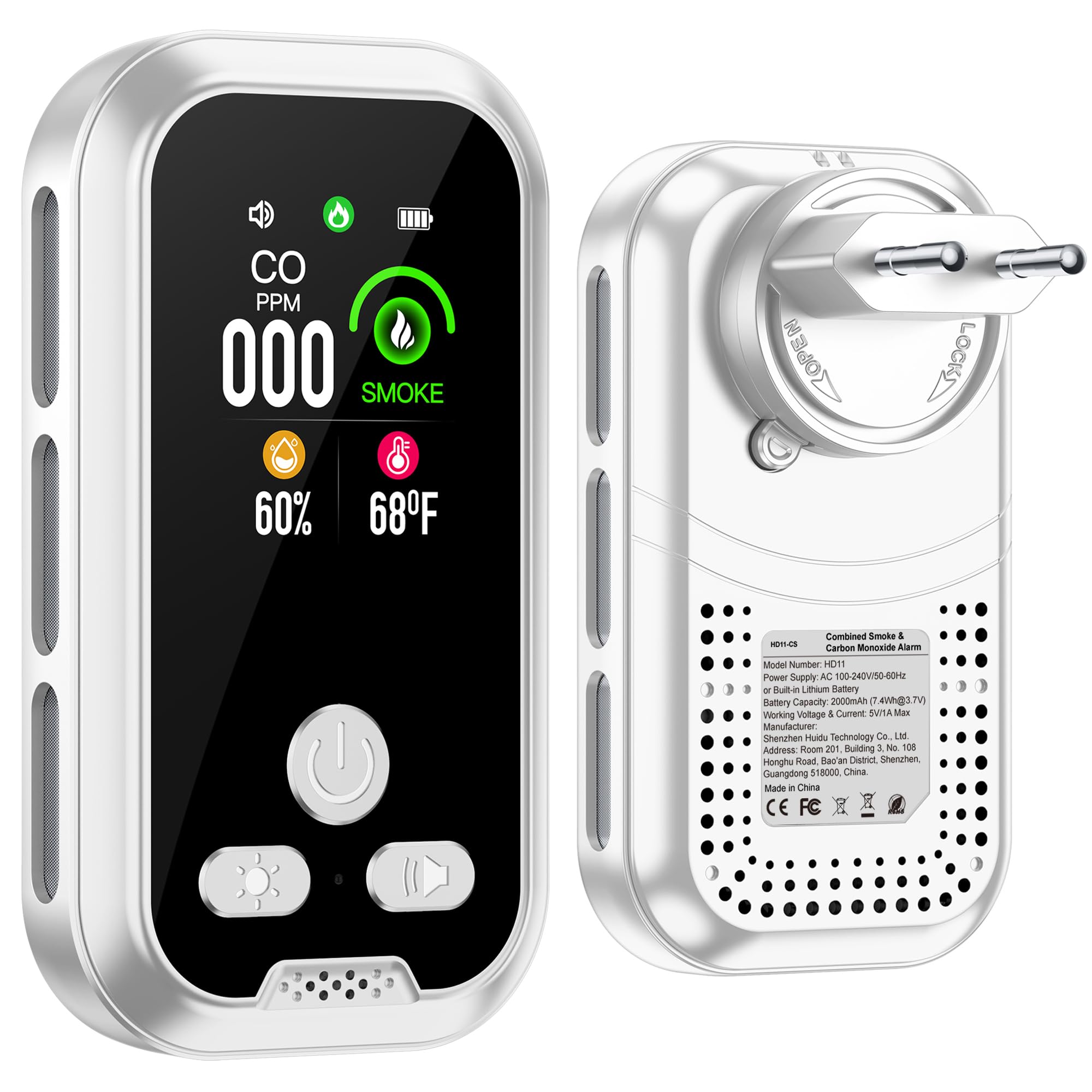 Plug in 4en1 Detecteur de fumée Détecteurs de Monoxyde Carbone Combo avec Batterie 2000mah & HD 2.1'' L'écran [Co Fumee Temp Moisture Monitor] Plug&Play pour Hotel Familial, Blanc