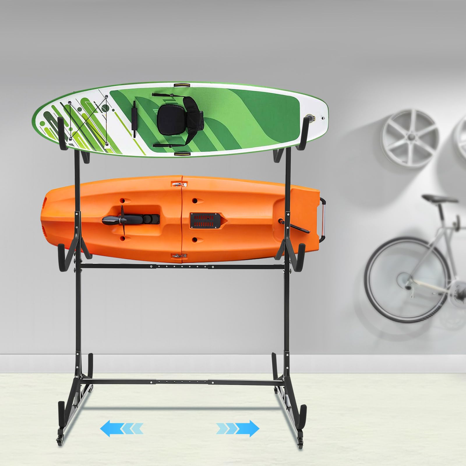 Hanmorfarbi Kayak Rack, Freestanding Storage Rack Adjustable Width with Lockable Wheelsfor Indoor Outdoor Garage, Shed, Dock, Kayak Display Racks (3 Floors 6 Ships)