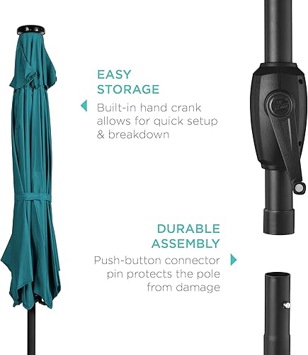 Vista 326 de Best Choice Products - Sombrilla solar de 7.5 pies para exteriores, patio, mesa, mercado, terraza, piscina con inclinación, manivela, luces LED