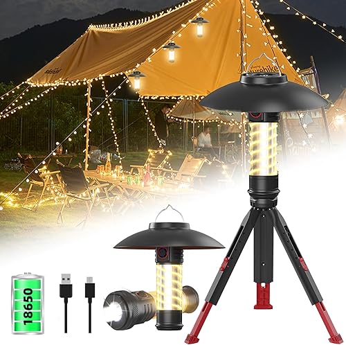 Linterna de campamento pequeña recargable con trípode, luz portátil para acampar al aire libre con 6 modos, linterna impermeable IP44 para cortes de