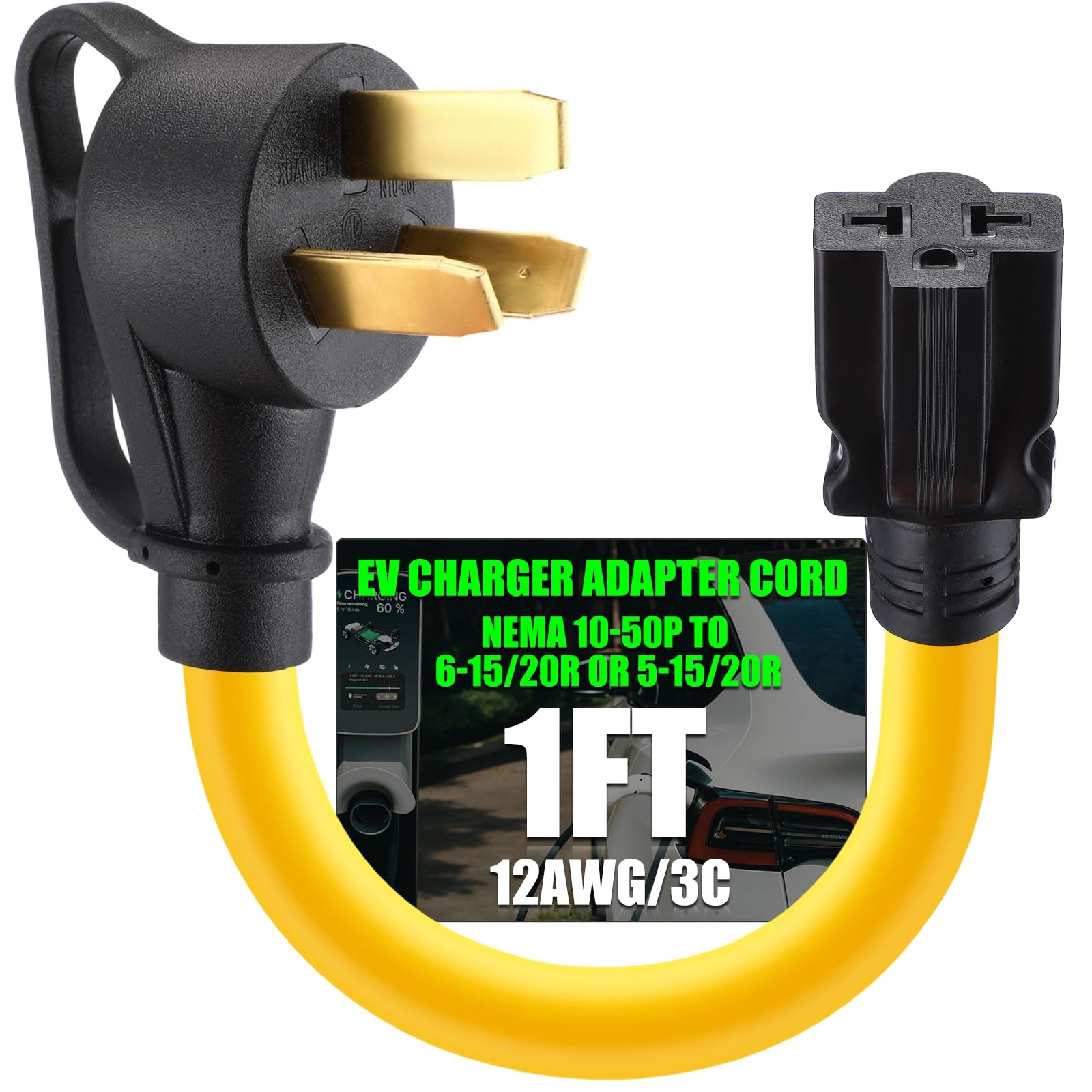 Tellegloww 50 Amp to 20 Amp Stove Oven to EV Charger Adapter Compatible with NEMA 10-50P to 5-15/20R or 6-15/20R, 30Amp 3 Prong Stove Oven Plug 10-