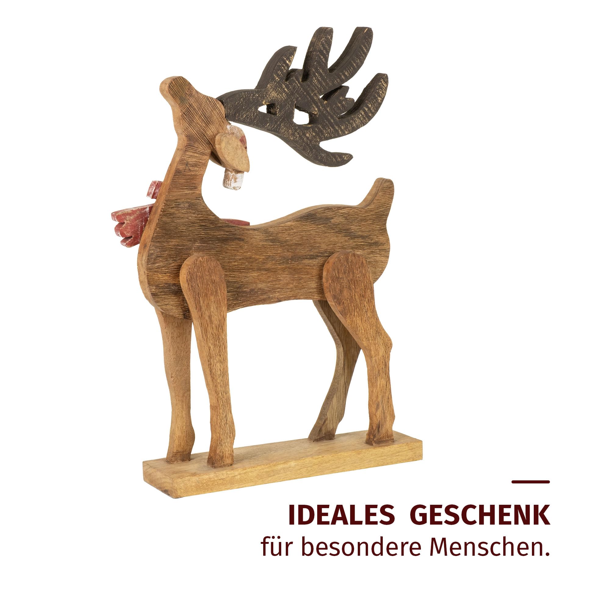 Moritz Décoration de Noël - Figurine de renne en bois de manguier - 55,5 cm - Fabriquée à la main - Avec écharpe rouge et bonnet de Noël - Décoration d'hiver pour salon, rebord de fenêtre ou cheminée
