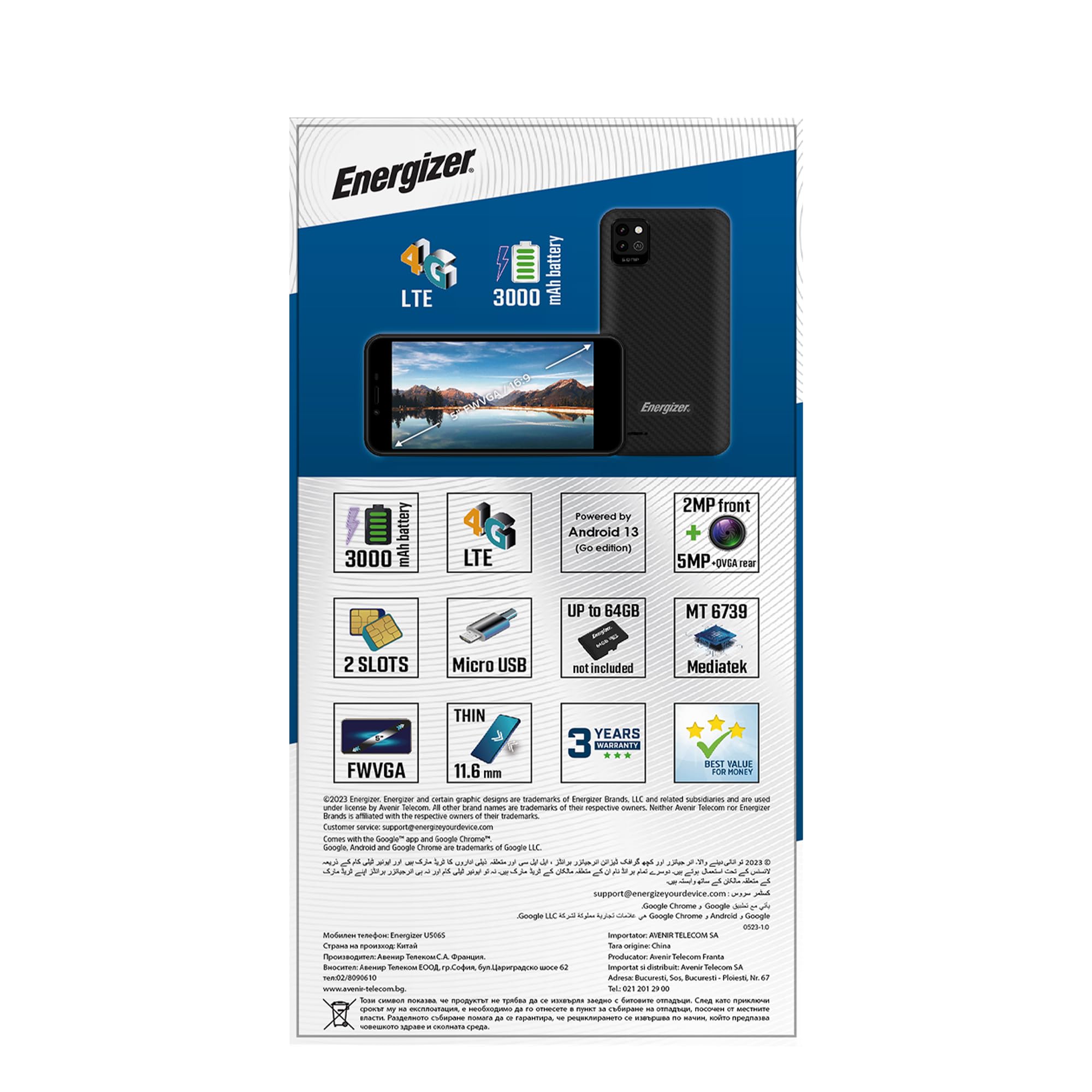 Energizer U506S smartfon (2 GB RAM, 32 GB ROM), wyświetlacz 5 cali, bateria 3000 mAh, aparat 5 MP+QVGA z tyłu/2 MP z przodu, Android 13 GB, kolor czarny