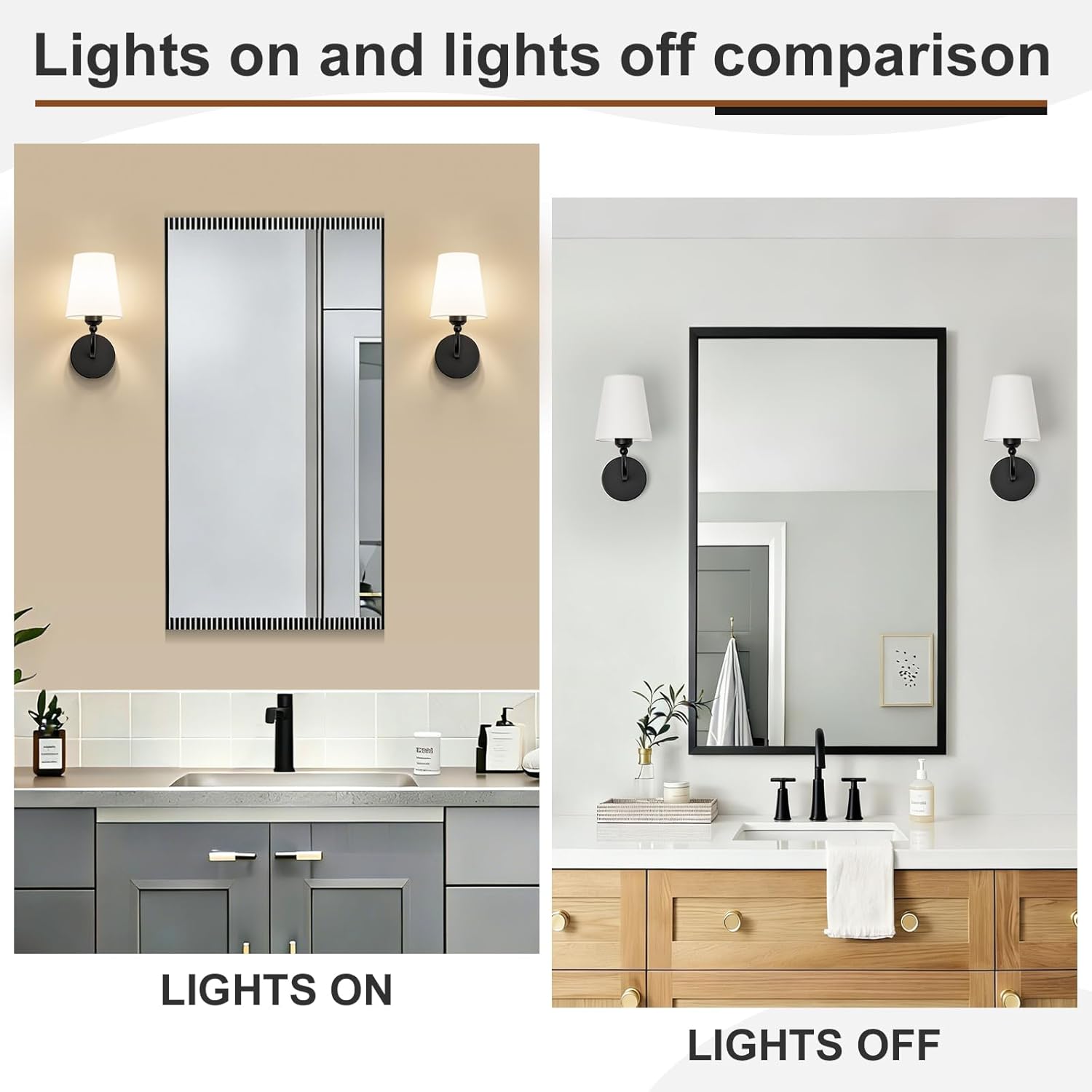 Modern Bathroom Vanity Light, Matte Black Bathroom Light Fixtures, Set of 2 Lighting Fixtures Over Mirror, Modern Wall Sconce with Flared White Fabric Shade, E26 Socket(ETL Listed)