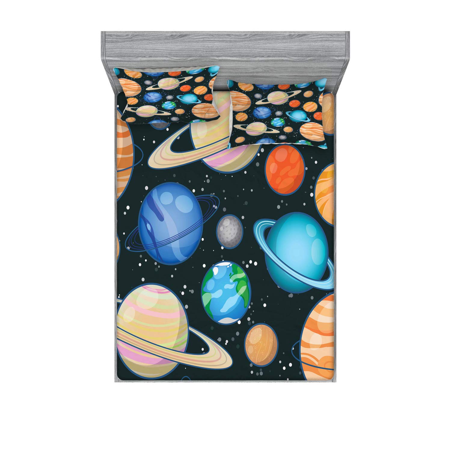 Ambesonne Galaxy Fitted Sheet & Pillow Sham Set, Galaxy Space Art Solar System Planets Mars Mercury Uranus Jupiter Venus Kids Print, Decorative Printed 3 Piece Bedding Decor Set, Calking, Salmon