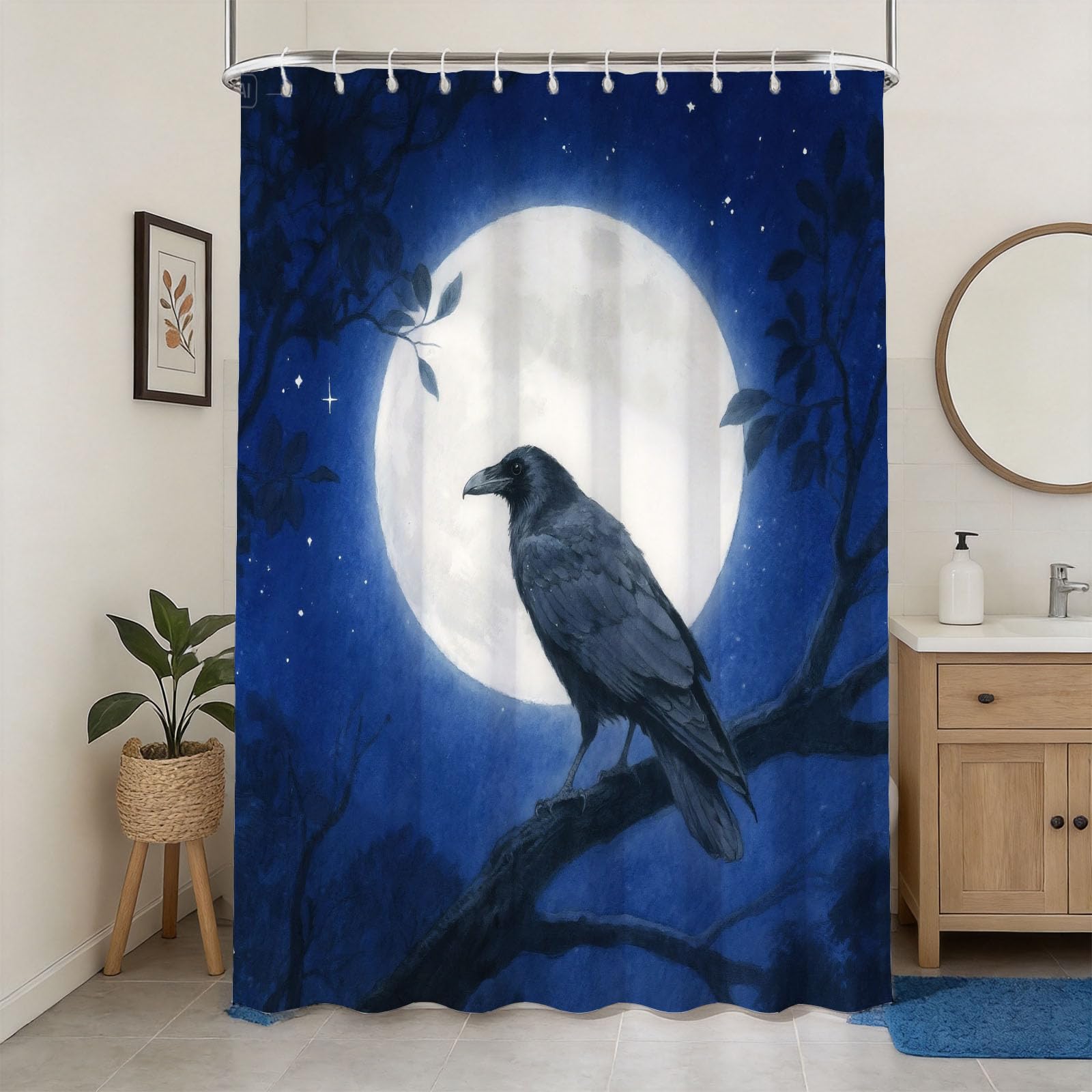 Hongduo 3D Crow Shower Curtain for Stalls Bathtubs Watercolor Illustration Bathroom Decor Shower Curtain Set Polyester Fabric Waterproof 120x180cm/48X71 Inch with Hooks