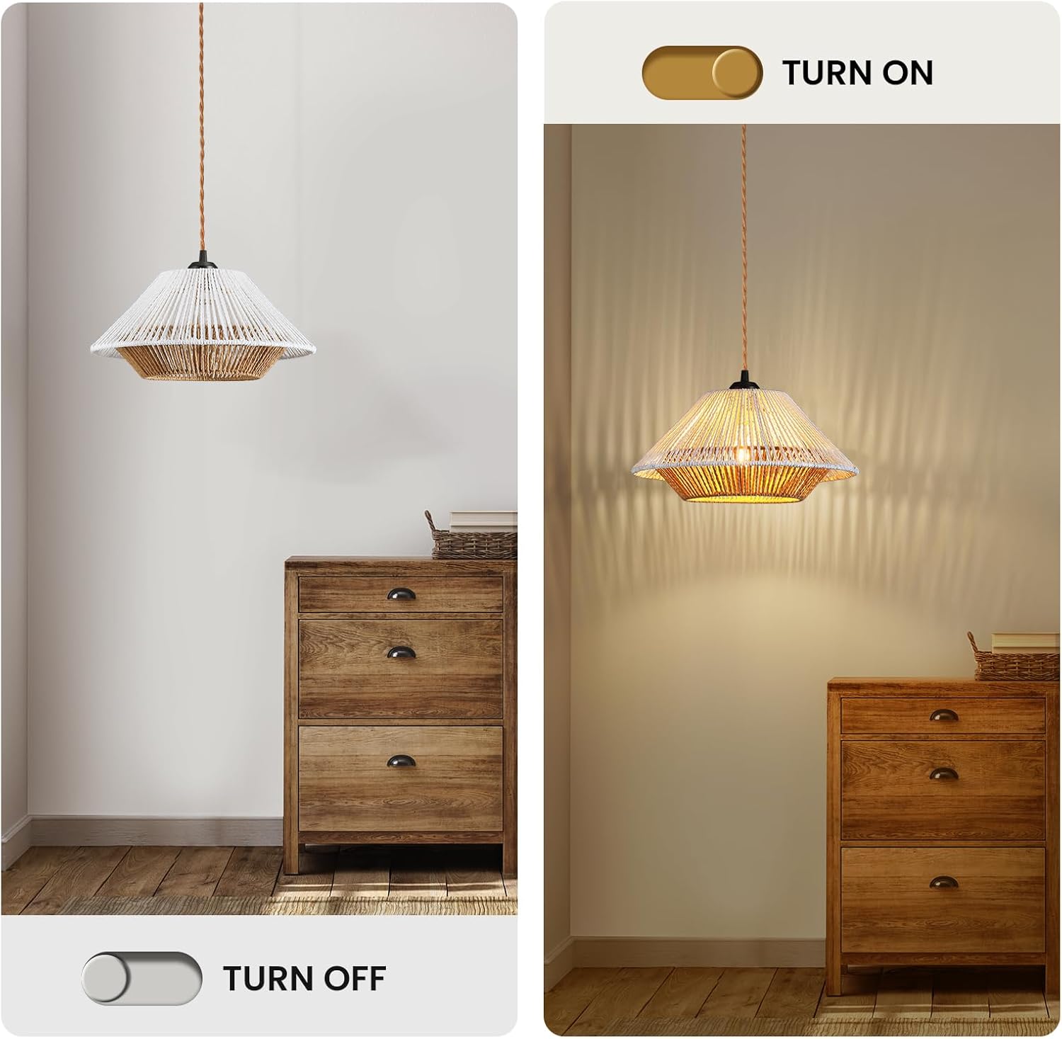Epinl Boho Hanging Lamps Rattan Pendant Light 23ft Plug in Cord Hanging Light Fixture Dimmable Pendant Lamp Shape Wicker Plug in Ceiling Light for Living Room Bedroom Kitchen