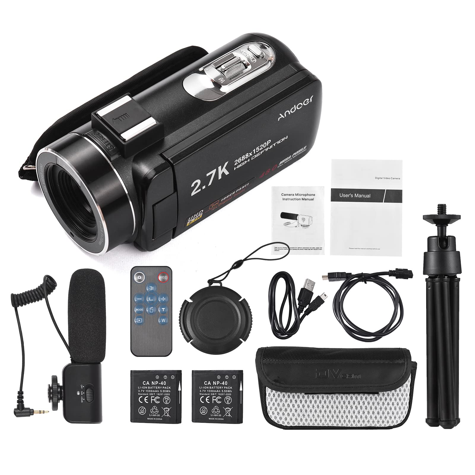Andoer Videocamera digitale 2.7K Videocamera Registratore DV 48MP Zoom digitale 16X Pannello tattile IPS da 3,0 pollici Supporta Face Detection Beauty Face Smile Capture Anti-shake