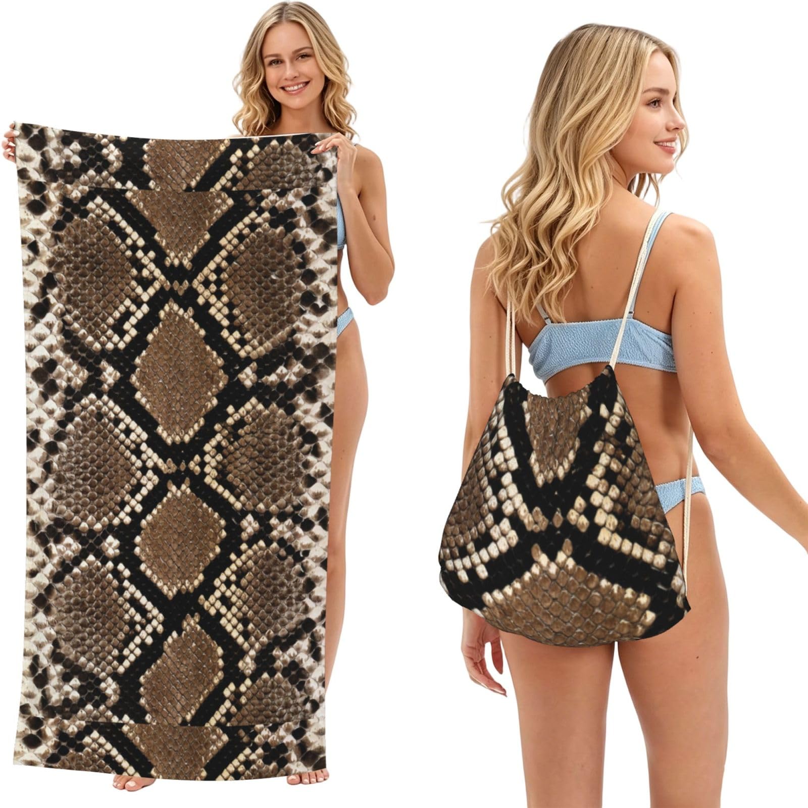 Poadnly As Picture Snakeskin Print, 2 In 1 Packable Towel Bag, Beach Towels With Drawstring Backpack For Travel Holiday Camping