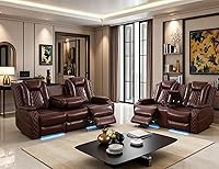 Vista 8 de Juego de Sofá Reclinable Eléctrico, Sofá Seccional de Cuero Negro de 3 Piezas, Juegos de Muebles de Sala de Estar con Luz LED, Juegos Reclinables
