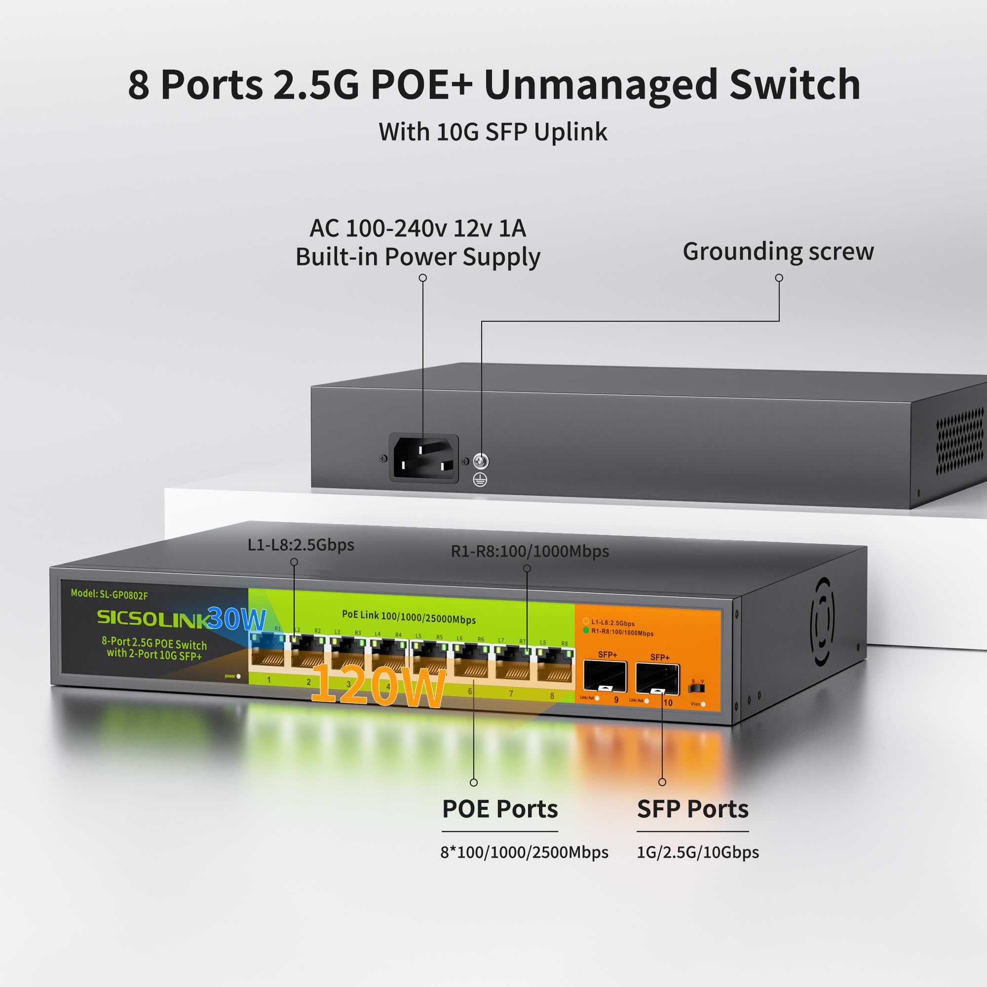 Switch PoE+ a 8 porte 2.5G con Uplink SFP+ 2×10G, Switch Ethernet non gestito da 120 W, IEEE 802.3af/at, Plug & Play per NAS, AP, PC da gioco - Protezione Lightning 6KV, custodia in metallo