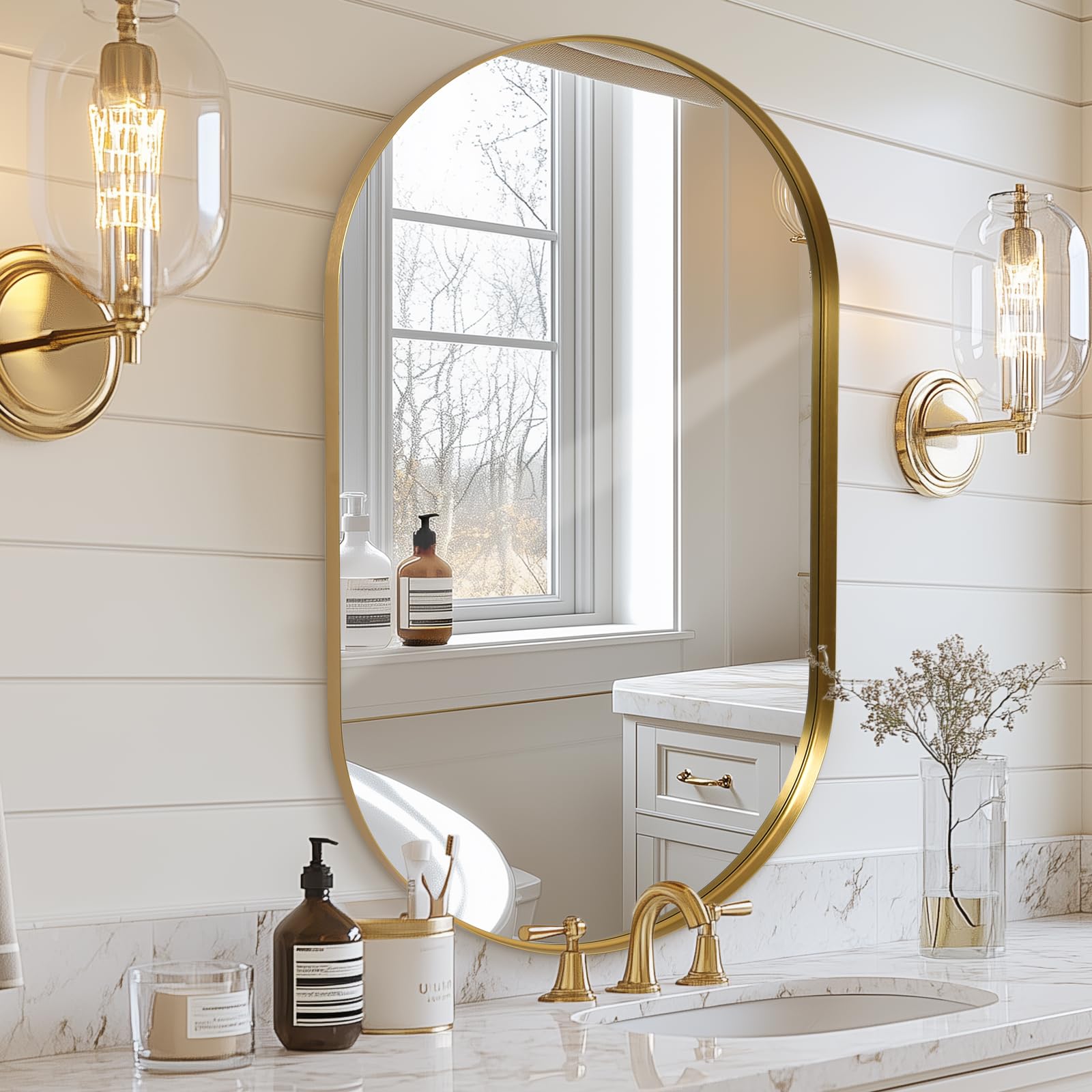 Melodieux Espejo de baño dorado para pared, 60 x 90 cm, espejo de pared ovalado con marco de metal, espejo decorativo para dormitorio, sala de estar, entrada, horizontal o verticalmente