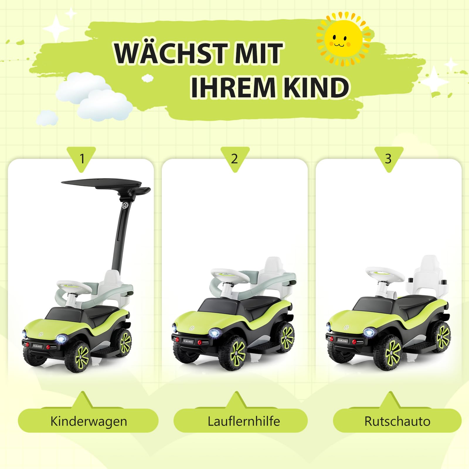 COSTWAY 3 in 1 Volkswagen Rutschauto, Schiebeauto mit verstellbarem Schiebegriff & Sonnendach, Rutschfahrzeug mit Musik & Hupe & Licht, Spielzeugauto für Kinder ab 1 Jahr