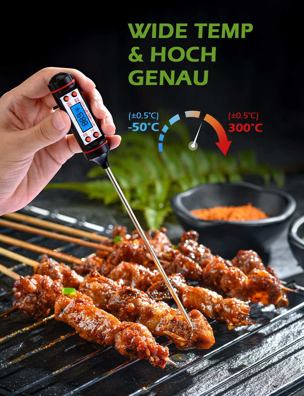 Thermomètre De Cuisson Numérique CGZZ - Sonde Inox 15cm - Plage -50°C à +300°C - écran LCD Rétroéclairé