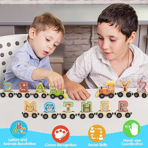 Miniatura 2 de Ancistro Juguetes de madera del alfabeto de tren, herramienta de ortografía para niños preescolares Montessori, juego educativo con letras