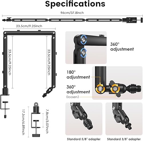 Miniatura 4 de Brazo de micrófono ajustable para micrófonos ligeros, soporte de escritorio giratorio de 30 pulgadas con gestión de cables y hilos de 38 pulgadas 58