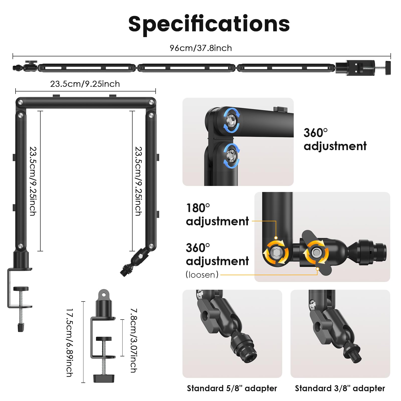 Mikrofon Arm, Microphone Boom Arm Auf/Ab voll verstellbar Mikrofonarm Ständer Halterung mit hoher Kompatibilität, für Gaming, podcast, Aufnahme, 24 cm +24 cm +24 cm (Black)