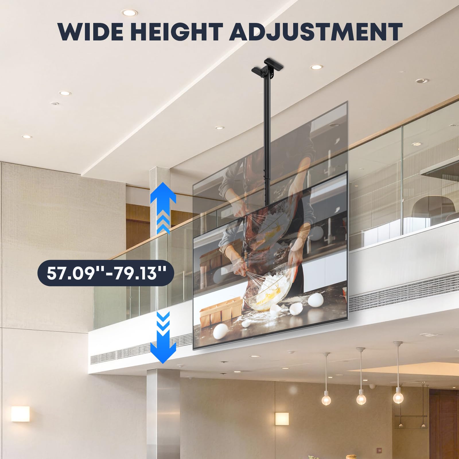 Supporto da soffitto per TV da 50 a 100 pollici, portata 80 kg, altezza e orientabile e inclinabile, con VESA fino a 800 x 600 mm, per ambienti commerciali e home theater