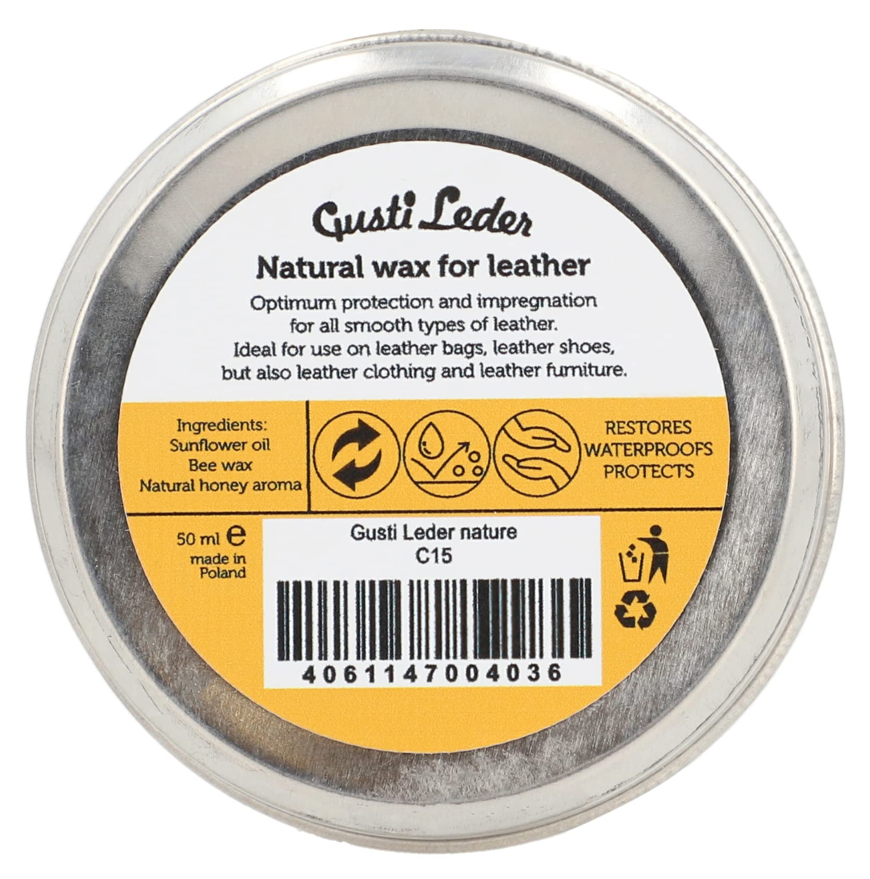 Gusti Leder Natural Wax - Cera de abejas para el cuidado del cuero para sofá, bolsos, zapatos y coche - grasa para cuero para brillo, protección y suavidad