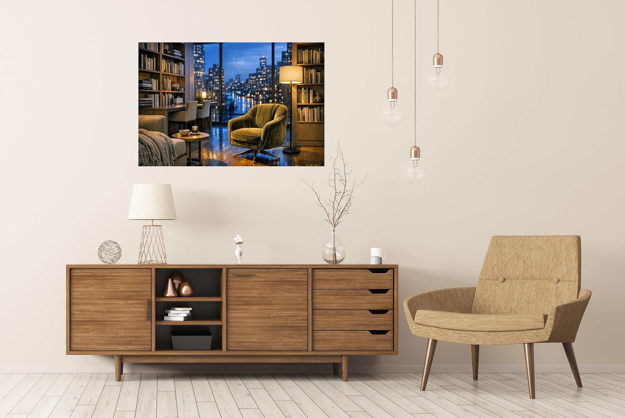 islandburner Poster de qualité supérieure - Bibliothèque moderne avec vue sur la ville et fauteuil de lecture confortable - Grand format